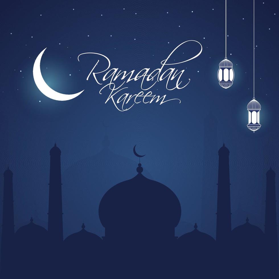 Islamic Holy Month of Ramadan Kareem night concept with hanging lanterns, mosque and cresent moon light on blue background. vector