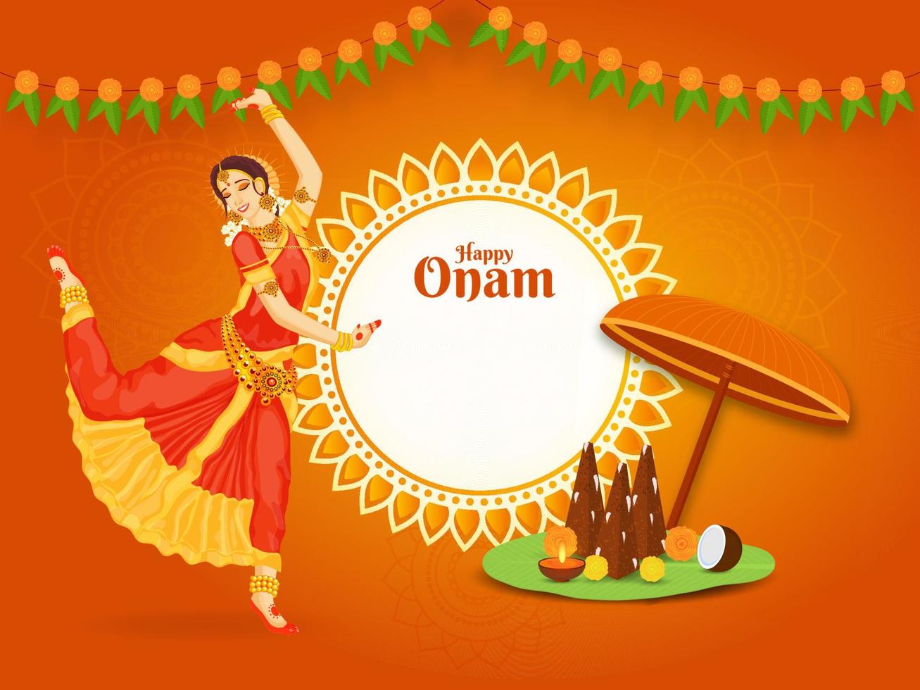 Beautiful Indian Woman Doing Classical Dance with Thrikkakara Appan Idol and Maveli Olakkuda on Orange Background for Happy Onam Celebration. vector