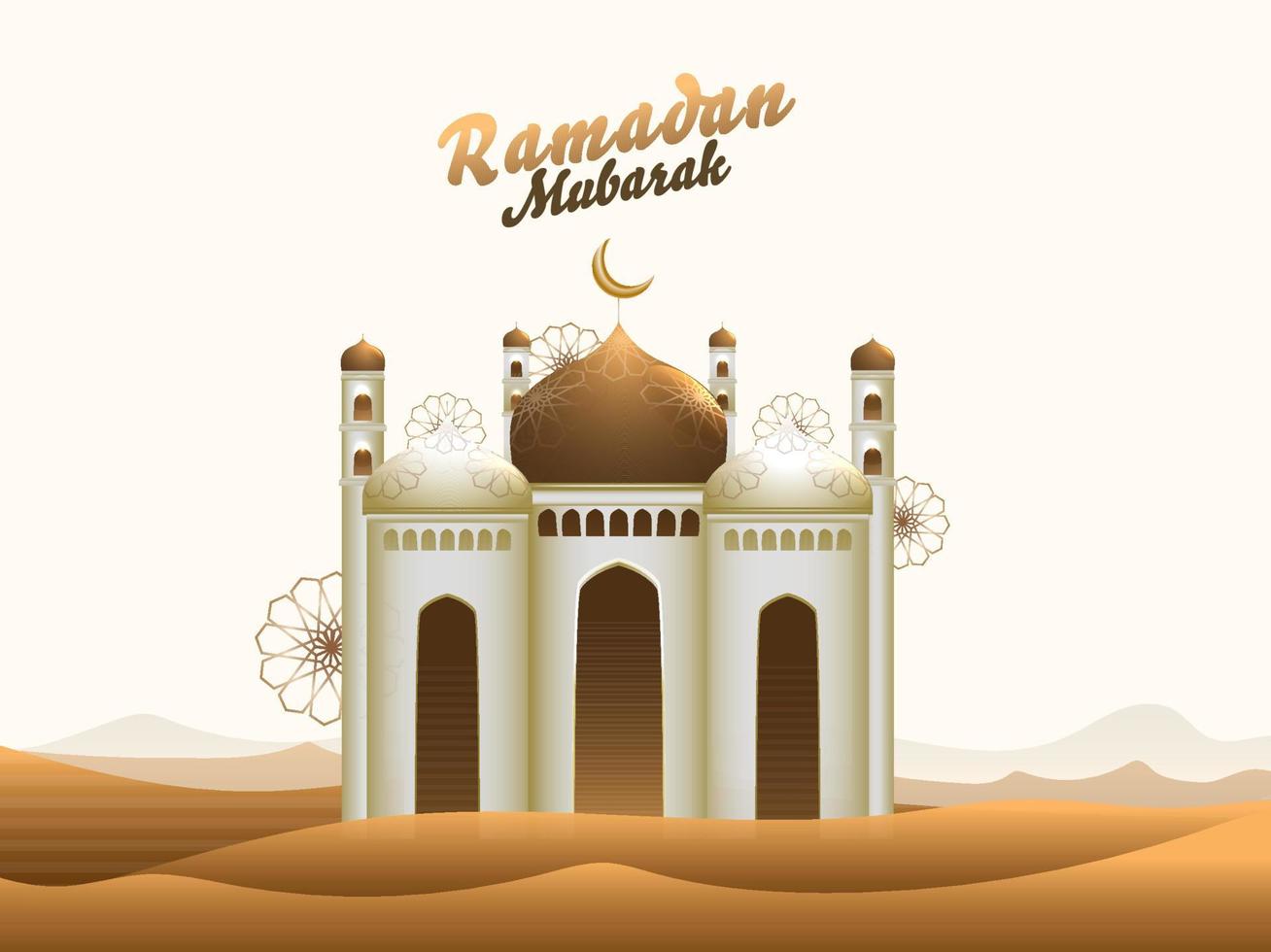 islámico santo mes de oraciones, Ramadán kareem concepto con Exquisito mezquita en Desierto antecedentes. vector