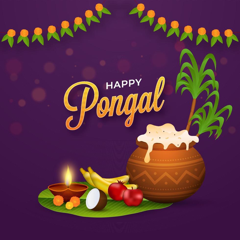 Happy Pongal Celebration Poster Design With Pongali Rice In Mud Pot, Fruits, Lit Oil Lamp, Banana Leaf, Sugarcane On Purple Background. vector