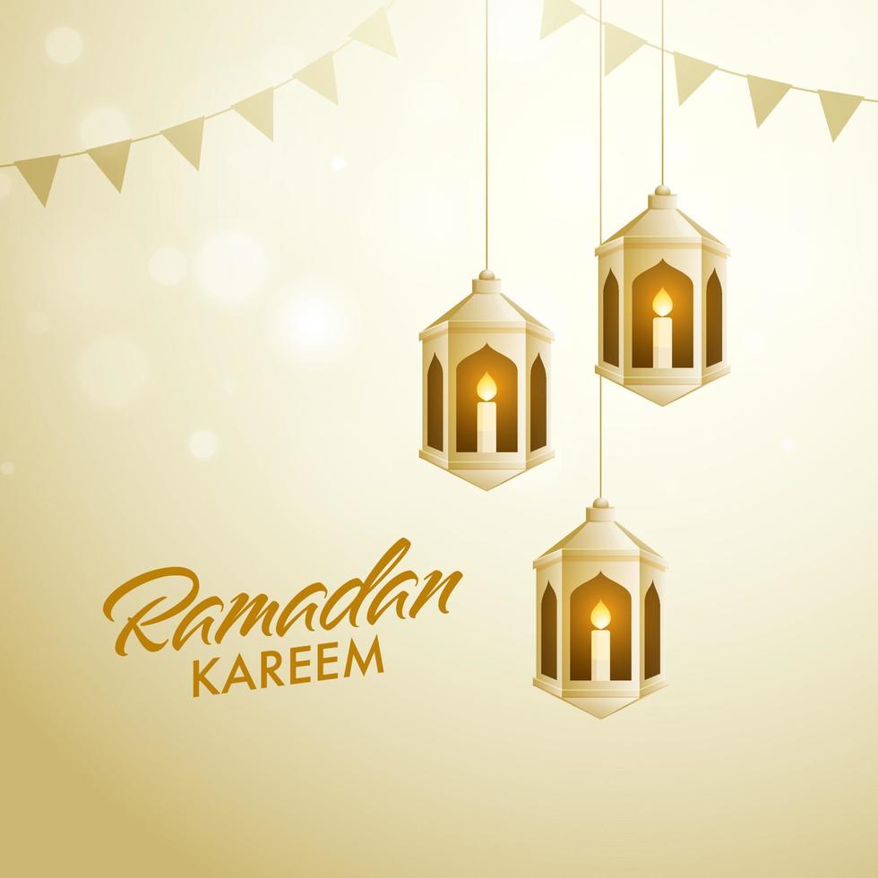 Iit candles inside arabic golden lanterns, and bunting flags for Islamic holy month of Ramadan Kareem occasion. vector