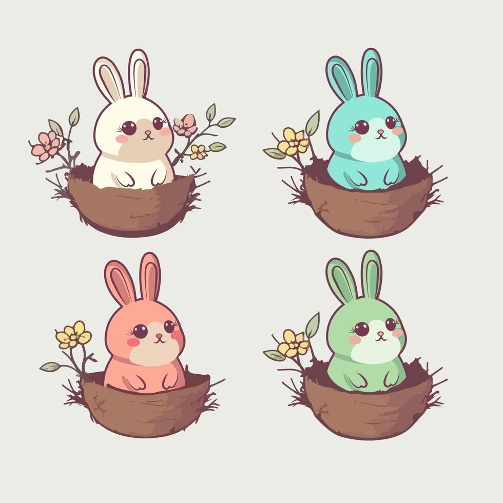 Set Of Vintage Style Cute Bunny Character In Straw Nest. Easter Day Concept. vector