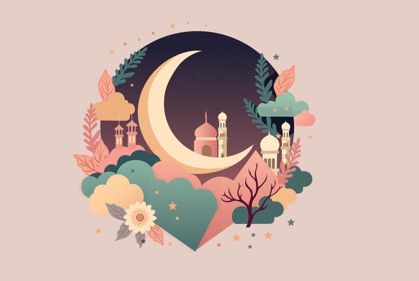 Islamic Festival Concept With Crescent Moon, Mosque On Nature Background. vector