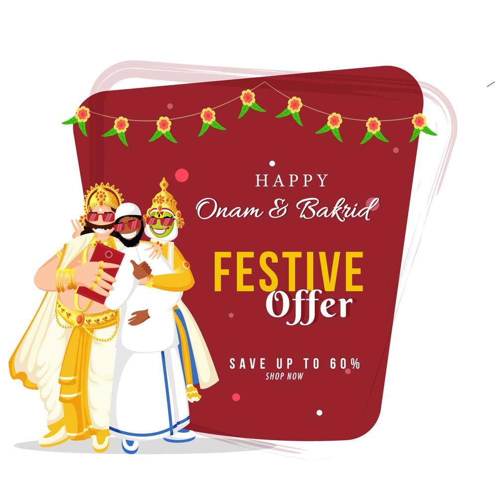Happy Onam Bakrid Sale Poster Design with Cheerful King Mahabali, Kathakali Dancer and Islamic Man Selfie Together from Smartphone. vector