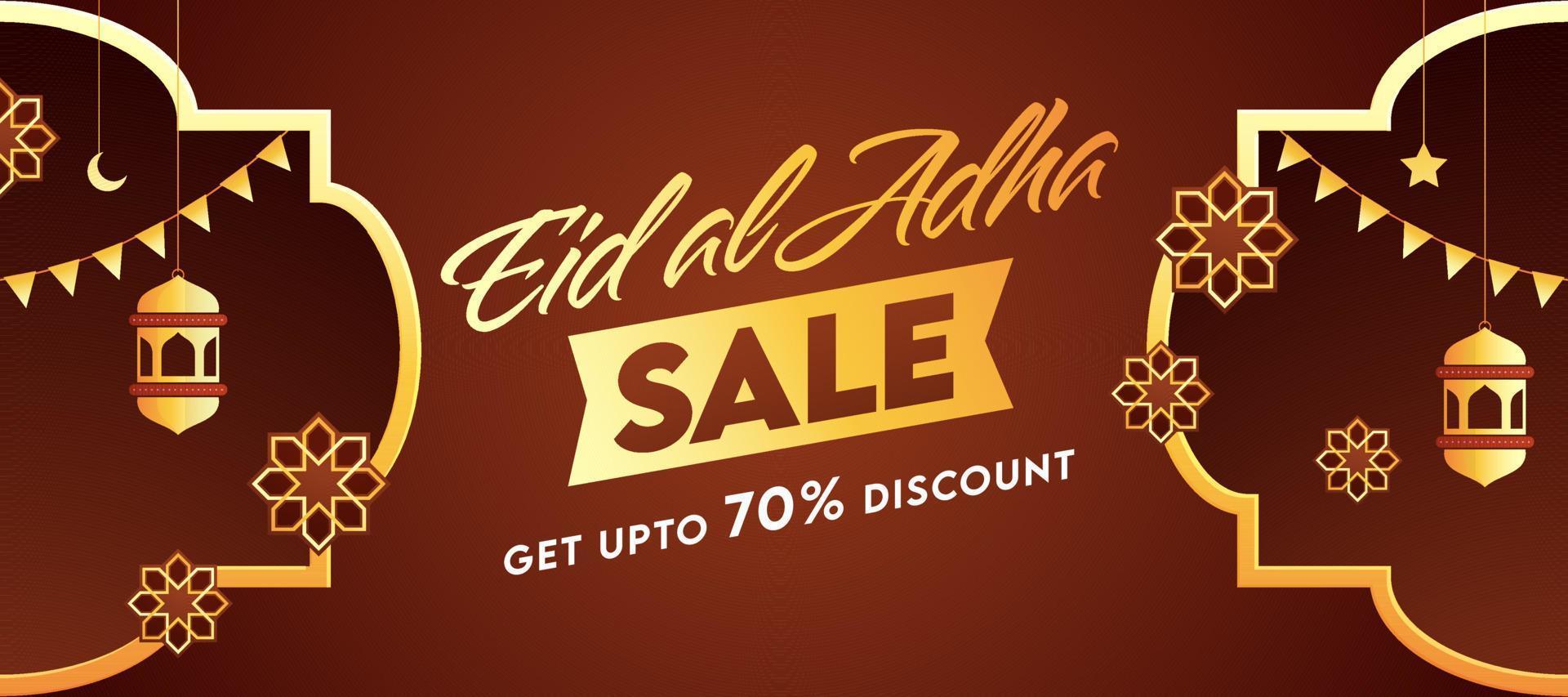 Eid Al Adha Sale Header or Banner Design with Discount Offer, Hanging Lanterns and Mandala Decorated on Brown Background. vector