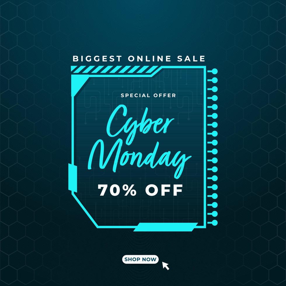 Cyber Monday Sale Poster Design with Discount Offer and Cyan Futuristic Frame on Dark Teal Hexagon Pattern Background. vector