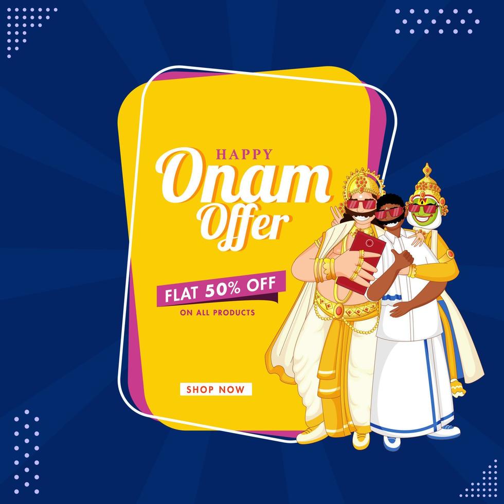 contento onam rebaja póster diseño con descuento oferta, Rey mahabali, Kathakali bailarín y sur indio hombre selfie juntos en azul rayos antecedentes. vector