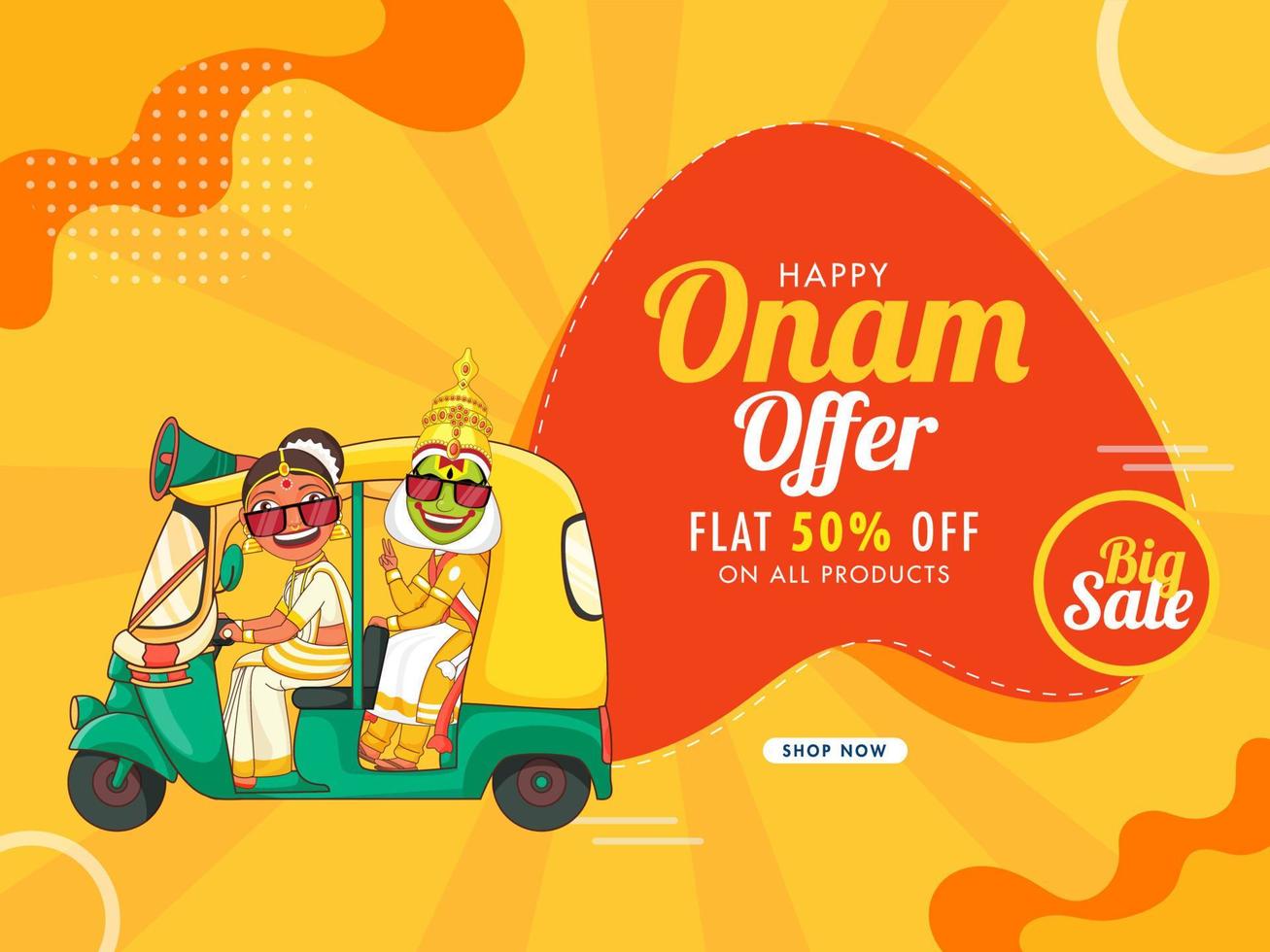 Happy Onam Big Sale Poster Design with Kathakali Dancer and Woman Driving Auto for Advertising Concept. vector