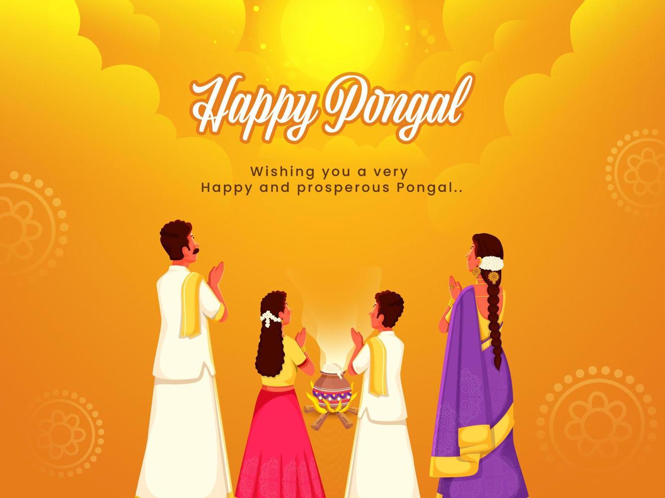 sur indio familia haciendo sol, Dios Adoración con Cocinando barro maceta terminado hoguera en amarillo antecedentes para contento pongal. vector