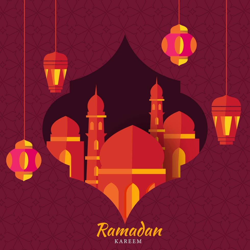 Islamic Holy Month of Ramadan Concept with Hanging Illuminated Lanterns, Mosque on Pink Textured Background. vector