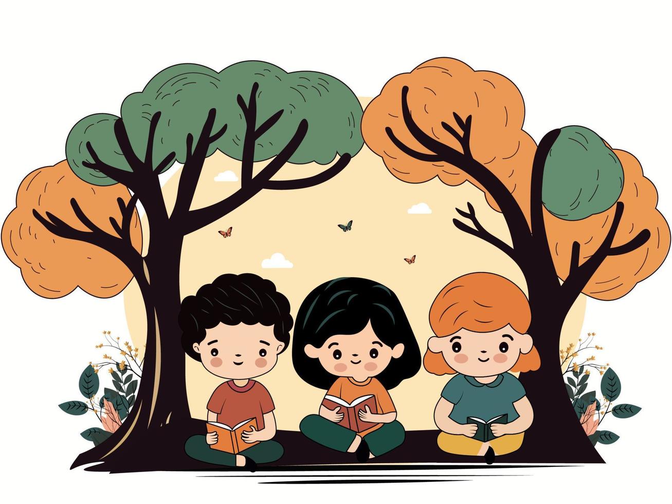 niños sentado debajo el árbol y leyendo libros en naturaleza antecedentes. vector