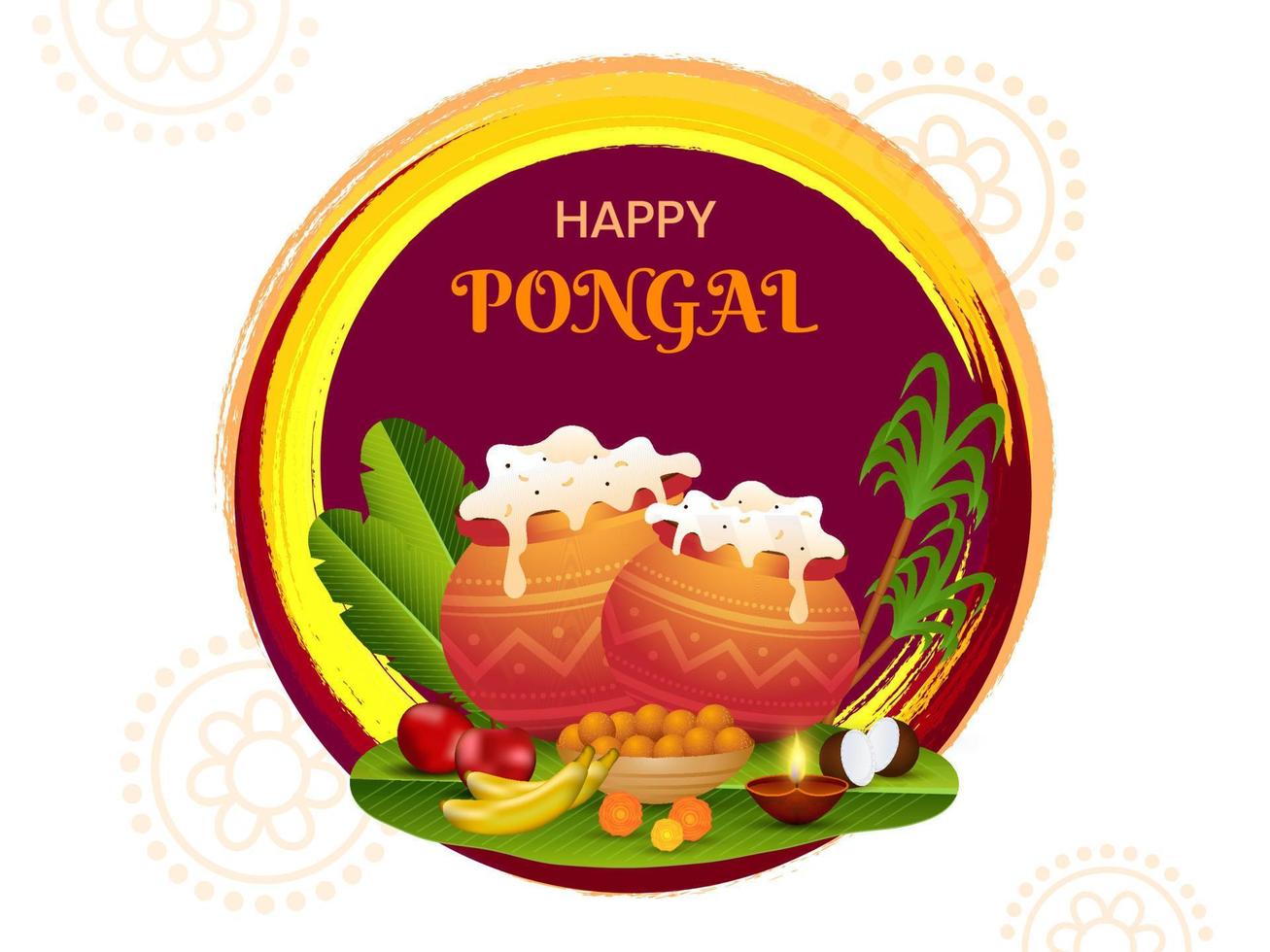 contento pongal celebracion antecedentes con tradicional plato en barro ollas, frutas, dulce, plátano hojas, Caña de azúcar y iluminado petróleo lámpara. vector