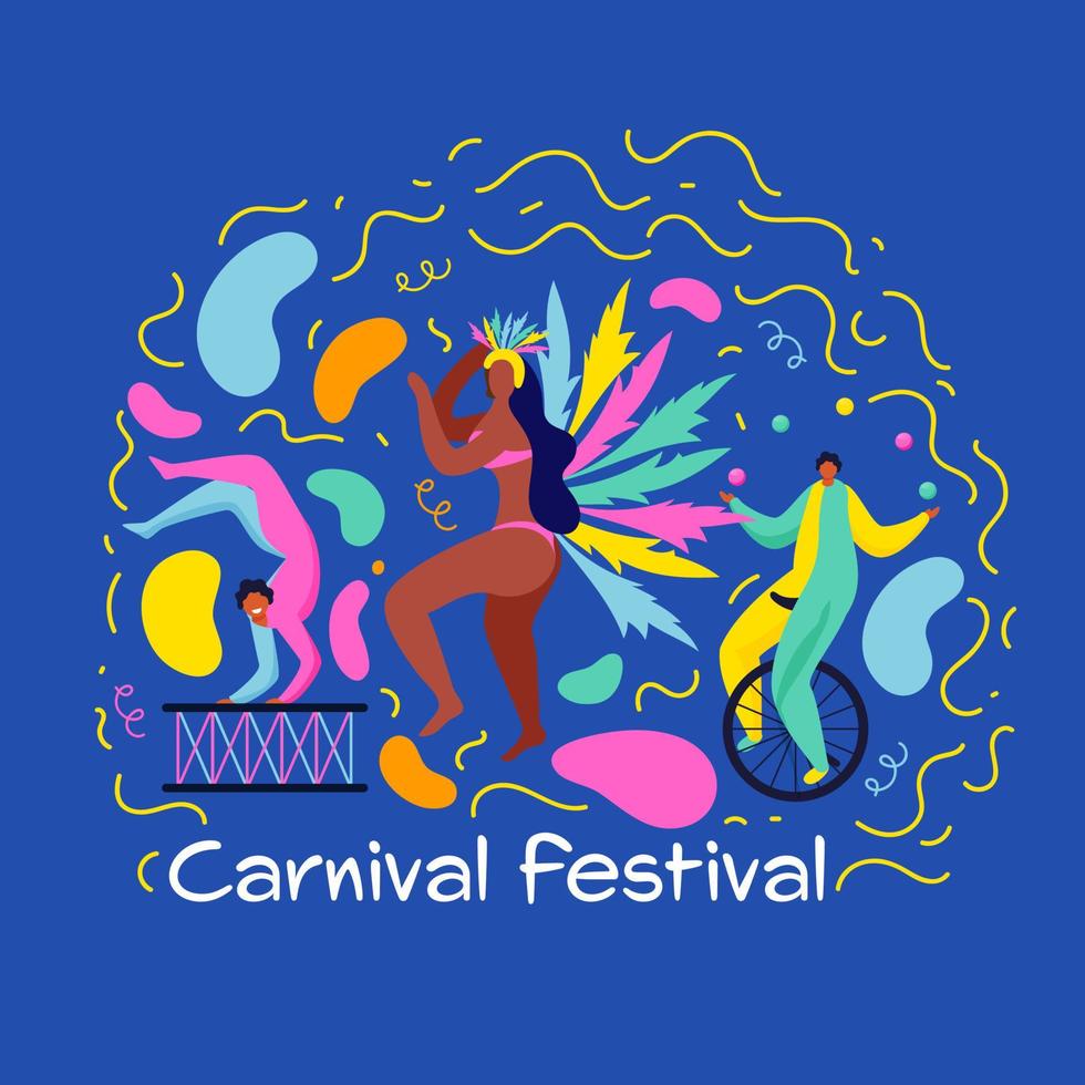 Carnival Festival Celebration Background With Female Samba Dancer, Circus Performer Characters. vector