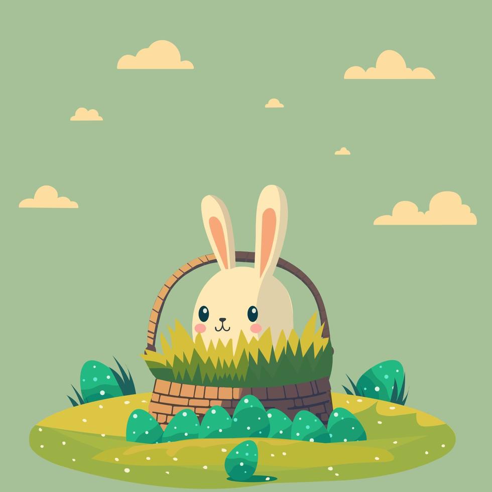 ilustración de linda Conejo personaje sentado con césped en cesta, Pascua de Resurrección huevos en contra nubes pastel verde antecedentes. contento Pascua de Resurrección día concepto. vector