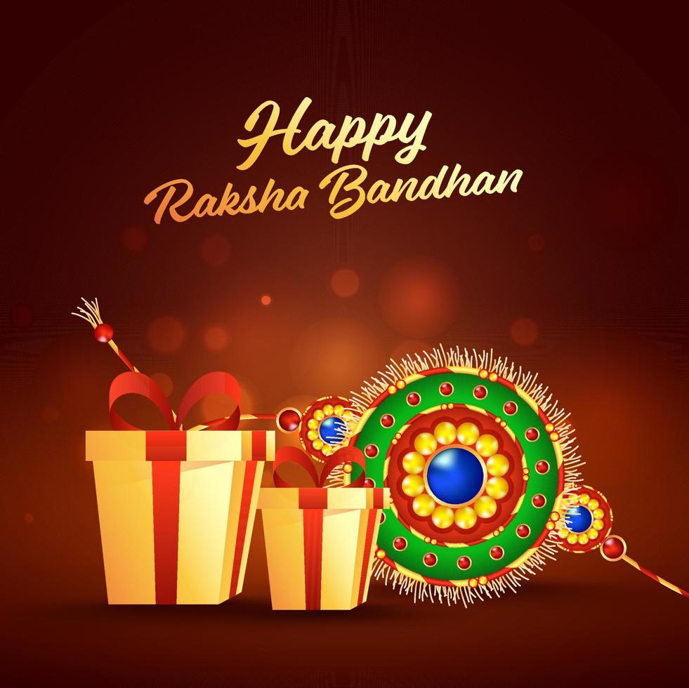 Happy Raksha Bandhan Font with Realistic Gift Boxes and Beautiful Rakhi on Brown Bokeh Background. vector