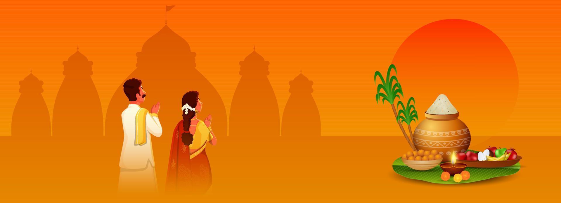Illustration Of South Indian Couple Doing Surya God Worship With Festival Elements On Orange Silhouette Temple Background. vector