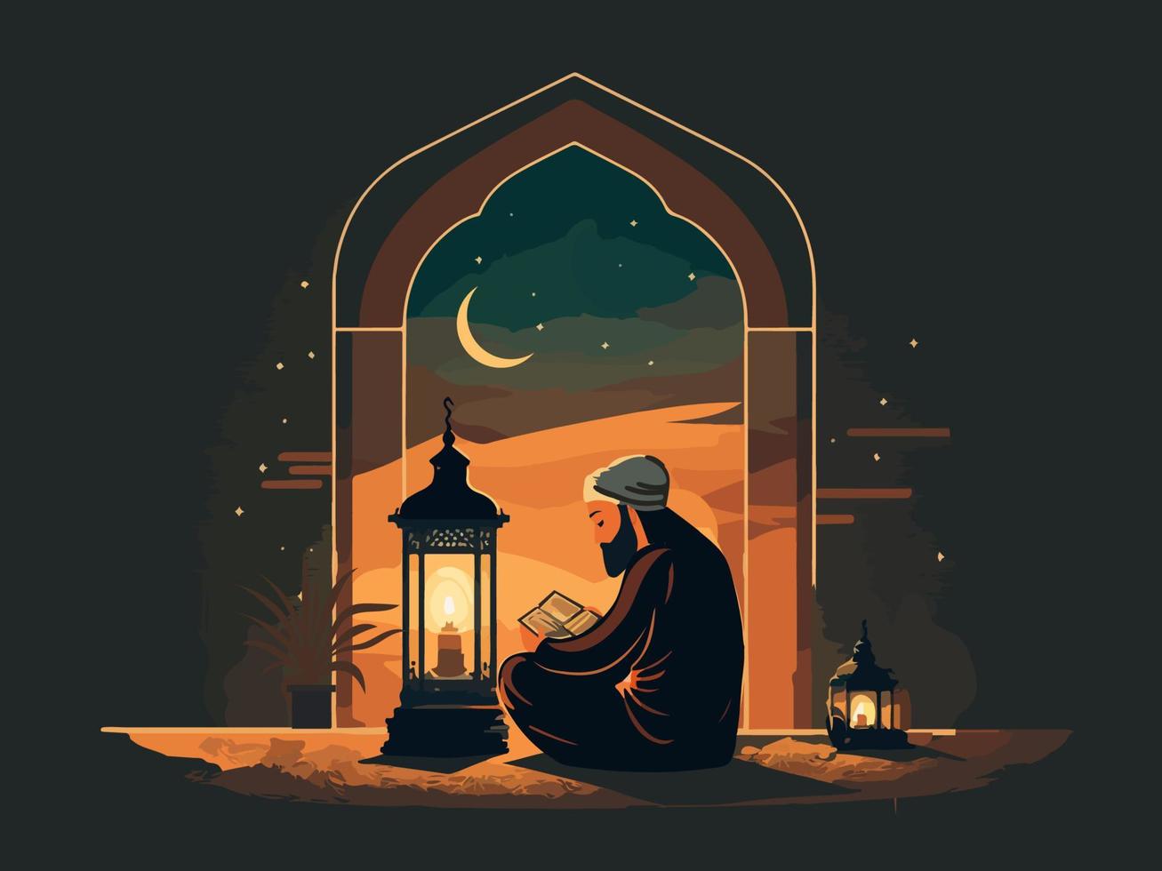 musulmán hombre personaje leyendo Corán con ardiente linterna en Arábica puerta en creciente Luna noche. islámico festival de eid o Ramadán concepto. vector