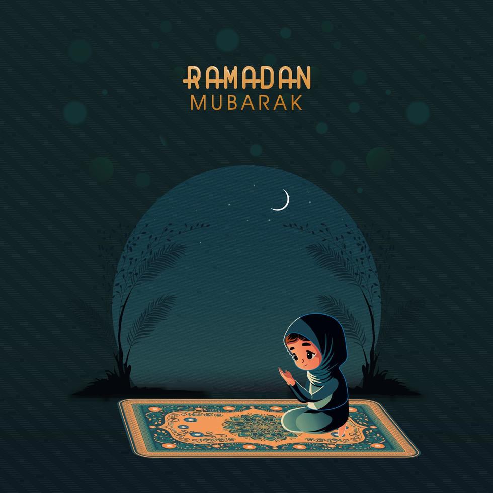 Ramadan Mubarak Greeting Card With Muslim Girl Character Offering Prayer On Mat. vector