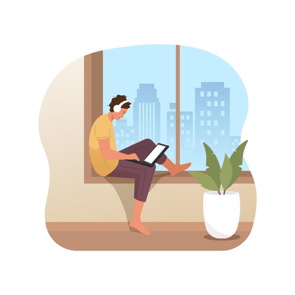 Man working on laptop while listening music at home vector