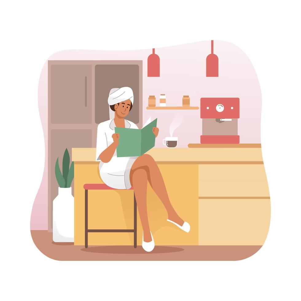 Woman reading a book while drinking coffee vector