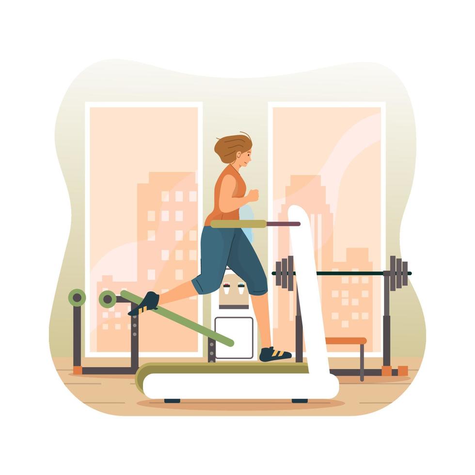 Woman running on treadmill vector