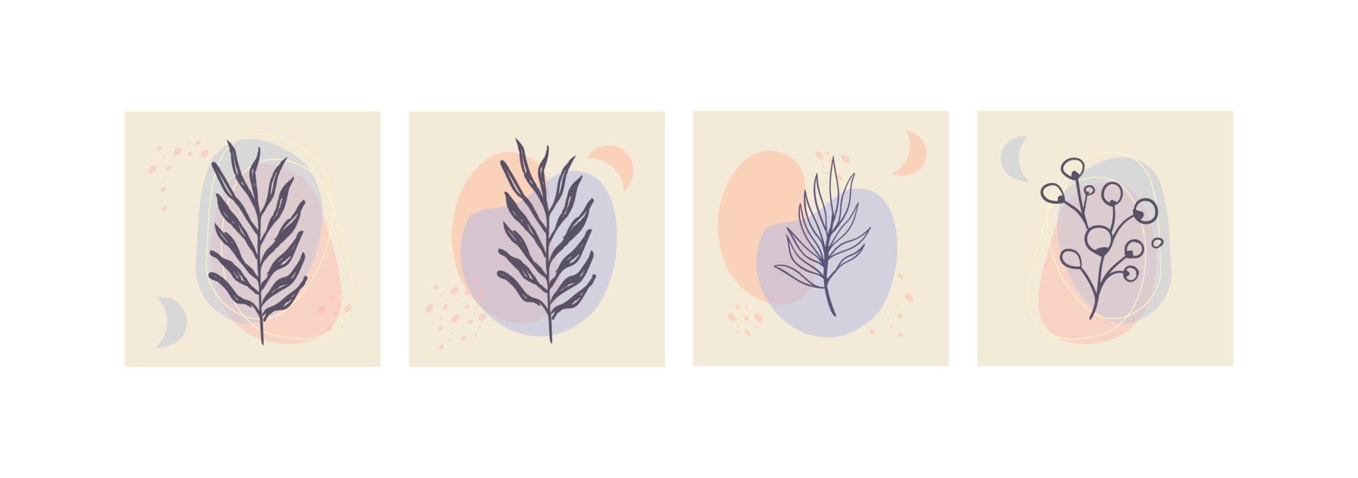 Set of abstract foliage wall art. Leaves, organic shapes, leaf branch, tree in vector line art style.  Decoration collection design for interior, poster, cover, banner.