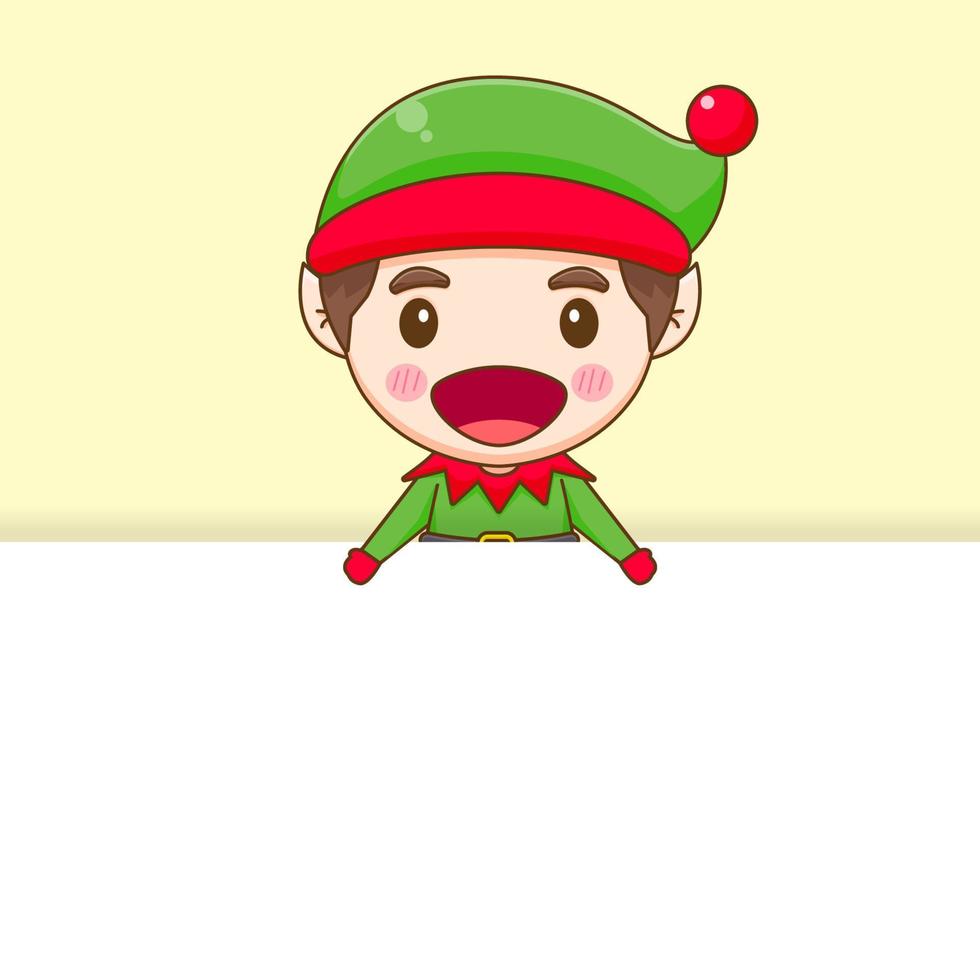 Cartoon illustration of cute elf with empty board chibi character vector