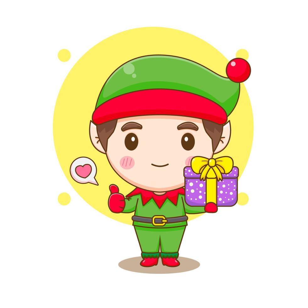 Cartoon illustration of cute elf with christmas gift chibi character vector