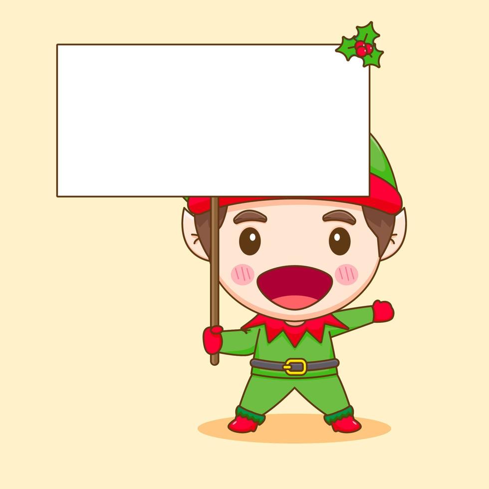 Cartoon illustration of cute elf with empty board chibi character vector