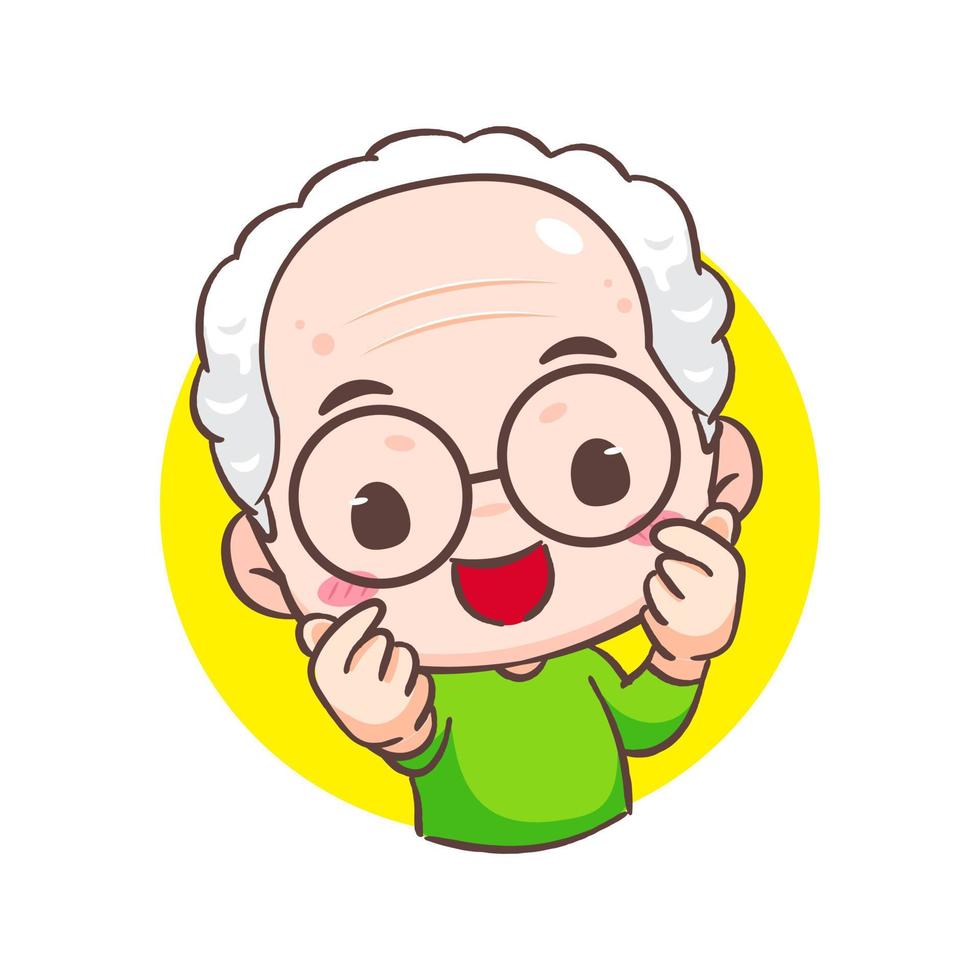 Cute Grandfather cartoon character showing finger heart. People Concept design. Flat adorable chibi vector illustration. Isolated white background