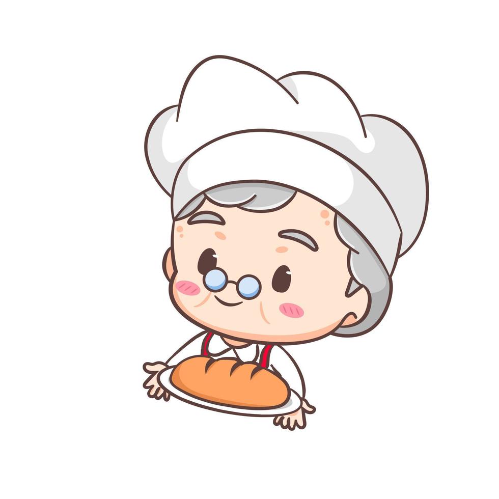 Cute Grandma cartoon character as chef baking bread. Profession Concept design. Flat adorable chibi vector illustration. Isolated white background