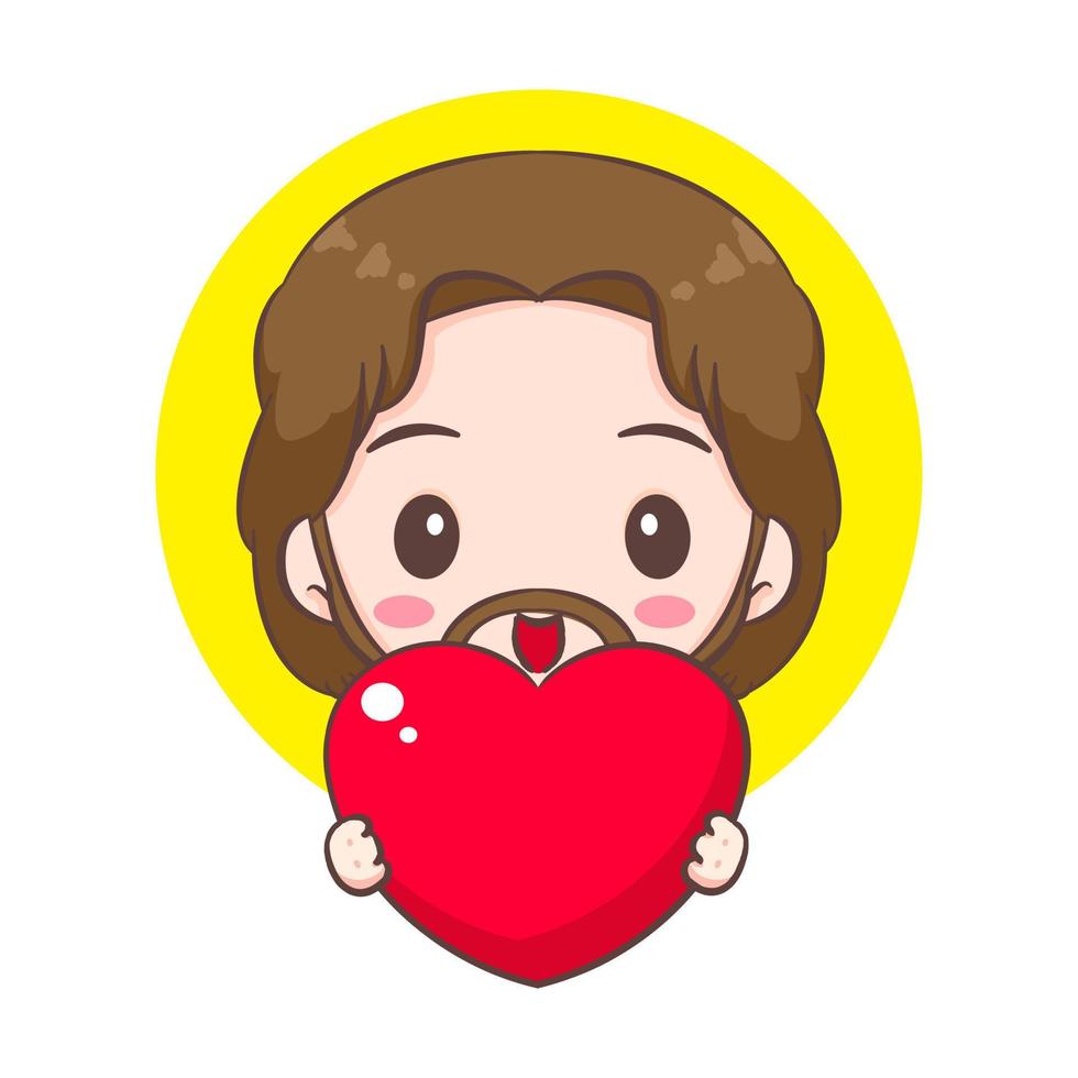 Cute Jesus cartoon character Holding Love. People Concept design. Flat adorable chibi vector illustration. Isolated white background
