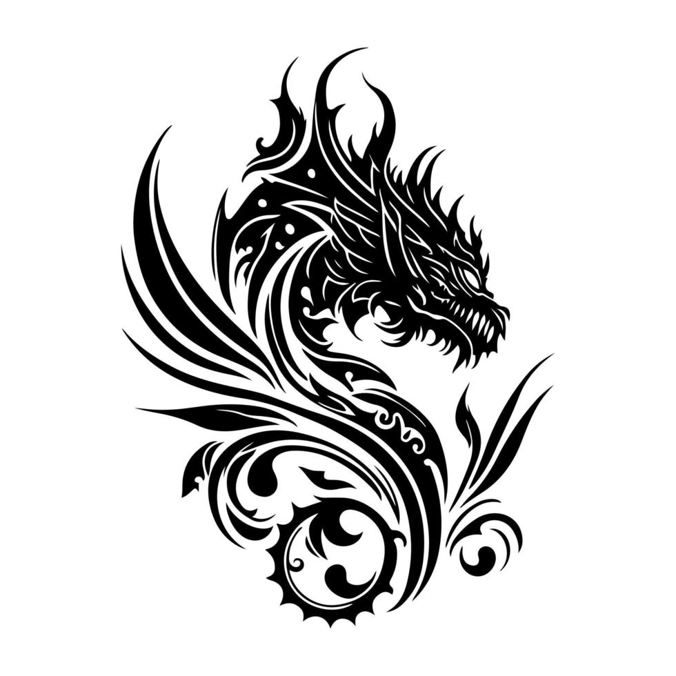 Mystical dragon tattoo design in black and white. Vector illustration perfect for tattoo parlors, fantasy art, and t-shirt prints.