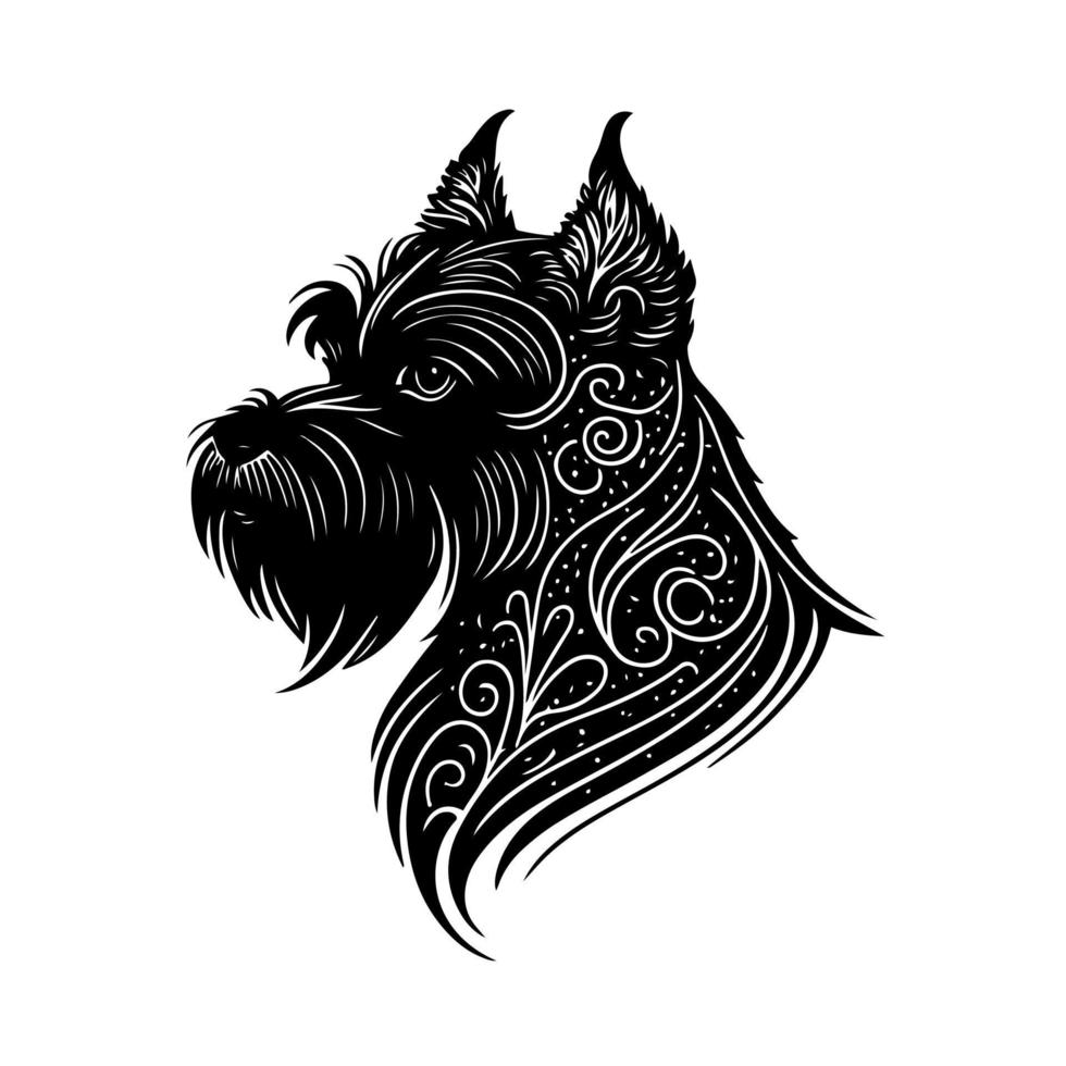 Refined Miniature Schnauzer silhouette in black and white. Vector illustration perfect for pet shops, vet clinics, grooming services, and other dog-related designs.
