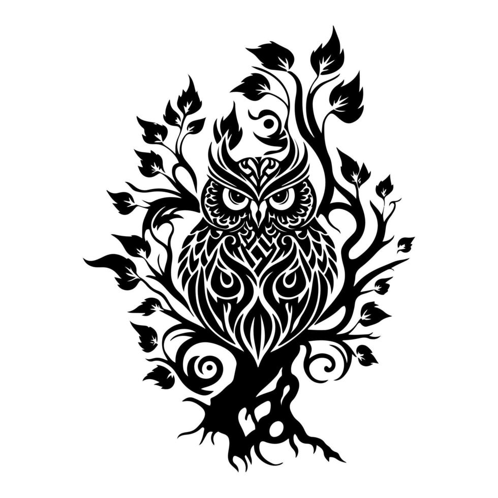 Whimsical owl perched on decorative tree. Monochrome vector illustration isolated, perfect for nature, wildlife, and whimsical designs.