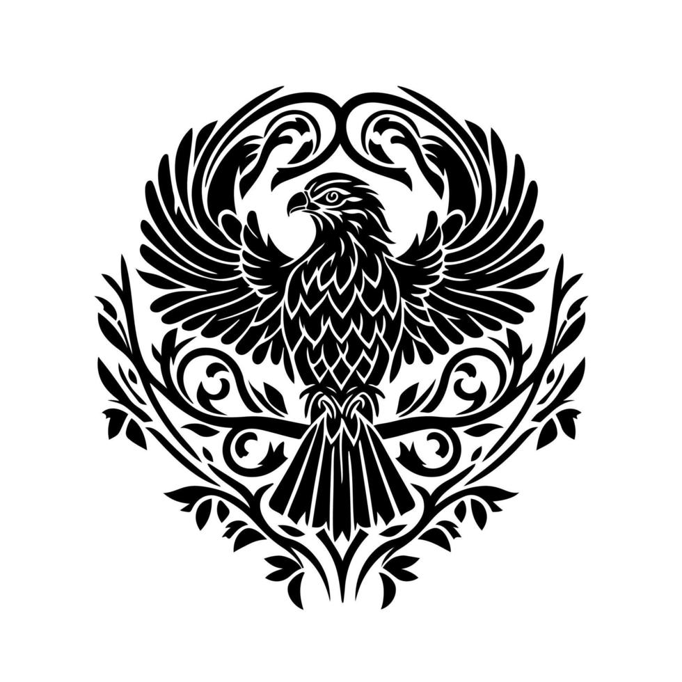 Regal eagle with spread wings in heraldic shield adorned with floral ornament. Vector illustration ideal for logos, emblems, badges, and other related designs.