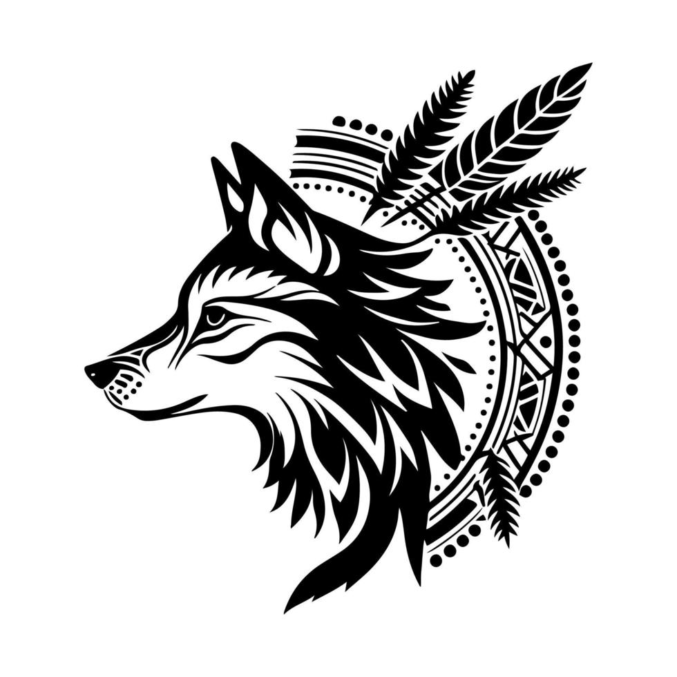 Majestic wolf head with tribal Aztec pattern. Monochrome vector illustration on white background perfect for wildlife, tattoo, and ethnic designs.