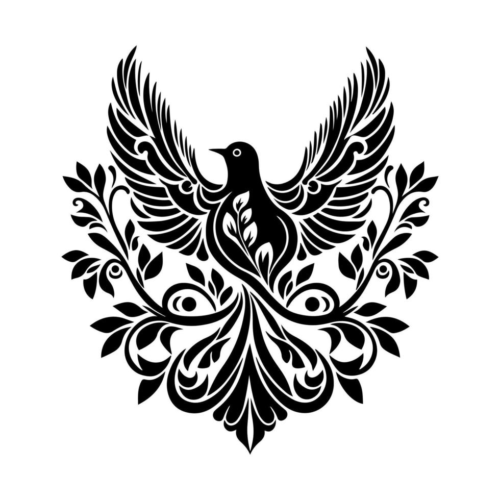 Elegant monochrome dove with blooming floral ornament. Vector illustration ideal for wedding invitations, greeting cards, and other romantic or spiritual designs.