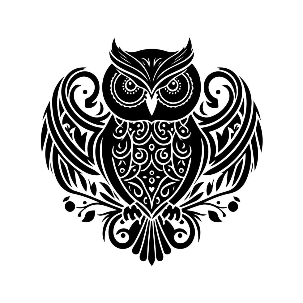 Regal owl with intricate wing patterns. Monochromatic vector illustration suitable for nature, wildlife, tattoo, and ornamental designs.