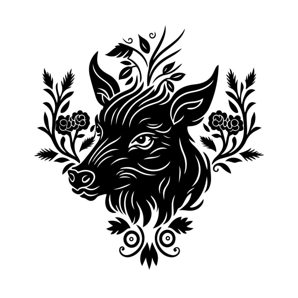 Majestic wild boar head adorned with delicate floral ornament. Black and white vector illustration perfect for hunting, wildlife, nature, and tattoo designs.