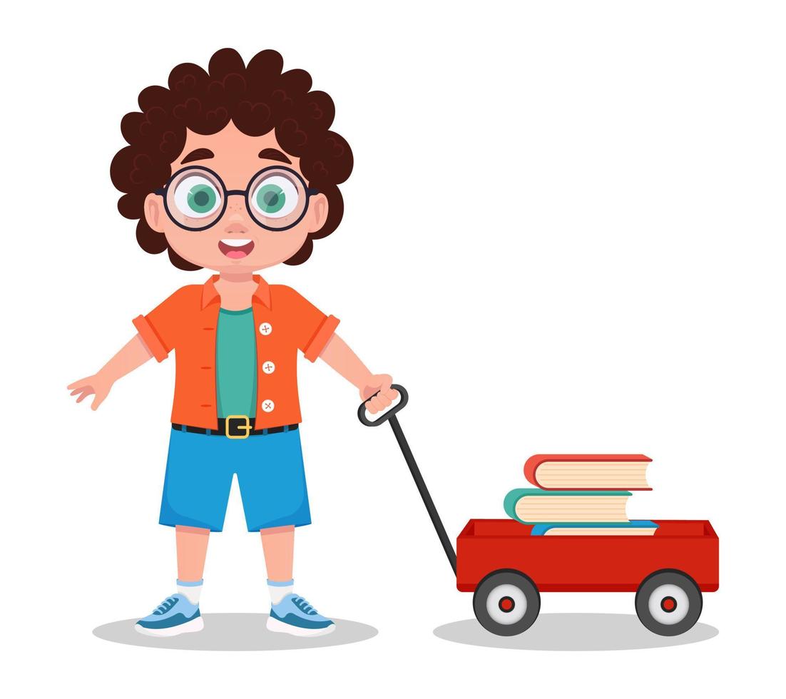 linda chico con carro de libros, vector ilustración