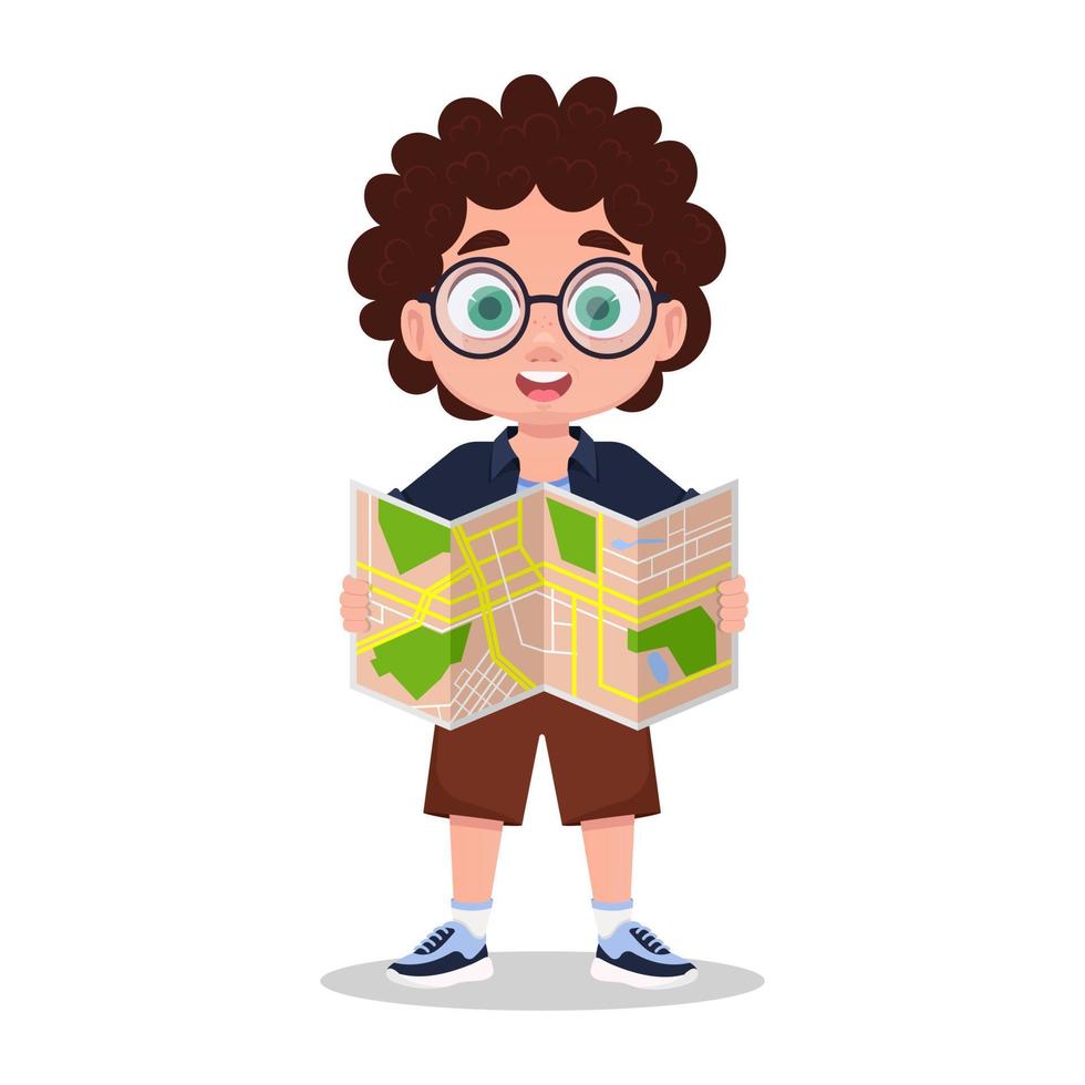 Cute boy holding a map. Vector illustration