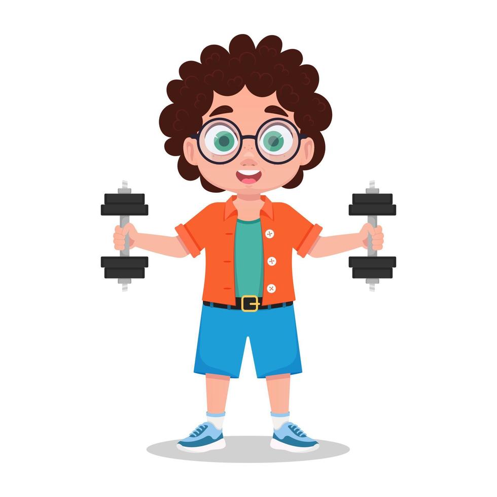 Cute boy goes in for sports, exercises with dumbbells vector