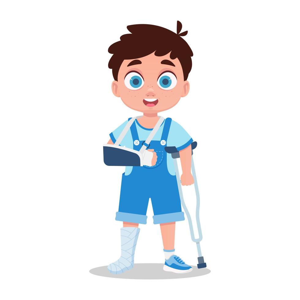 Cute boy with broken arm, broken leg vector