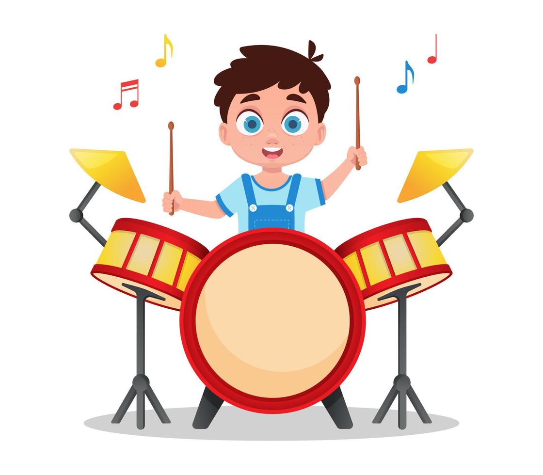 Cute boy playing drums, child playing a musical instrument vector