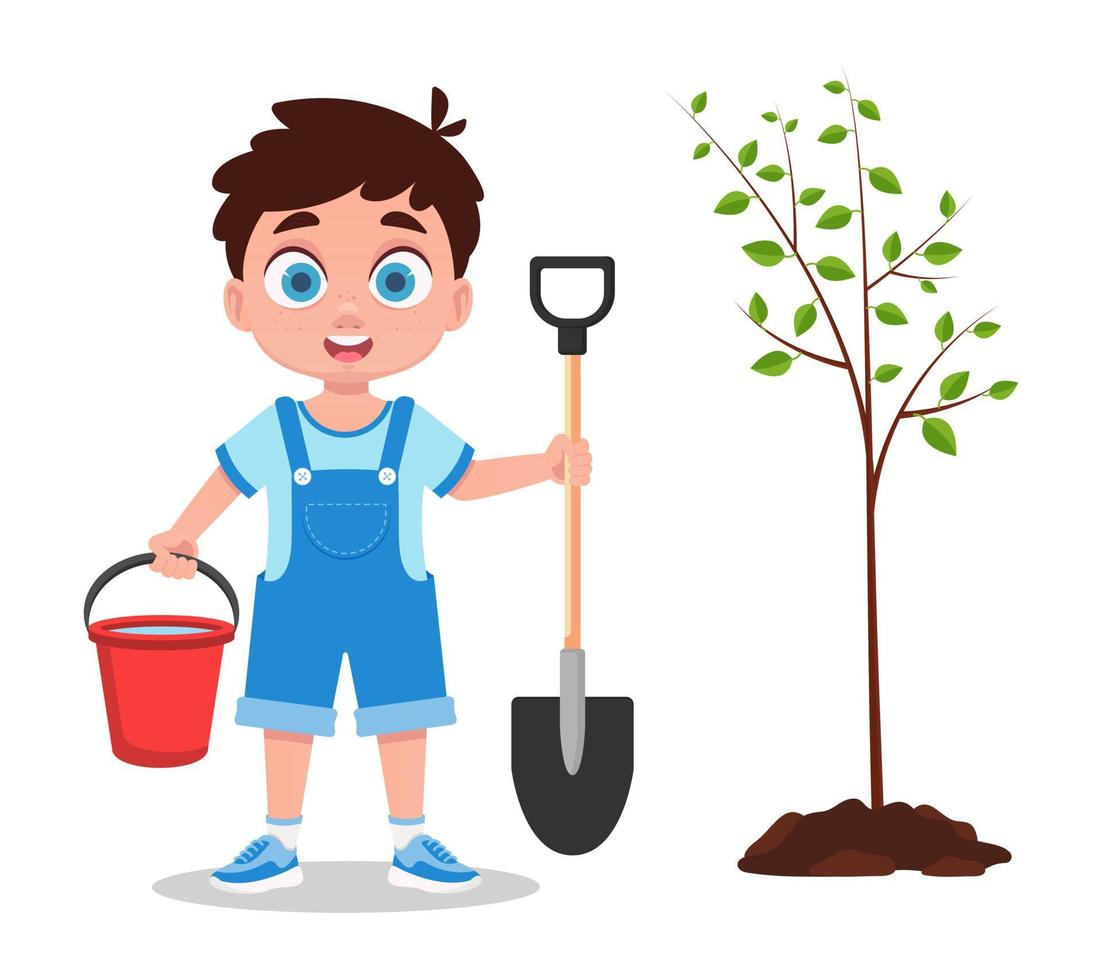 linda chico plantando un árbol. vector ilustración