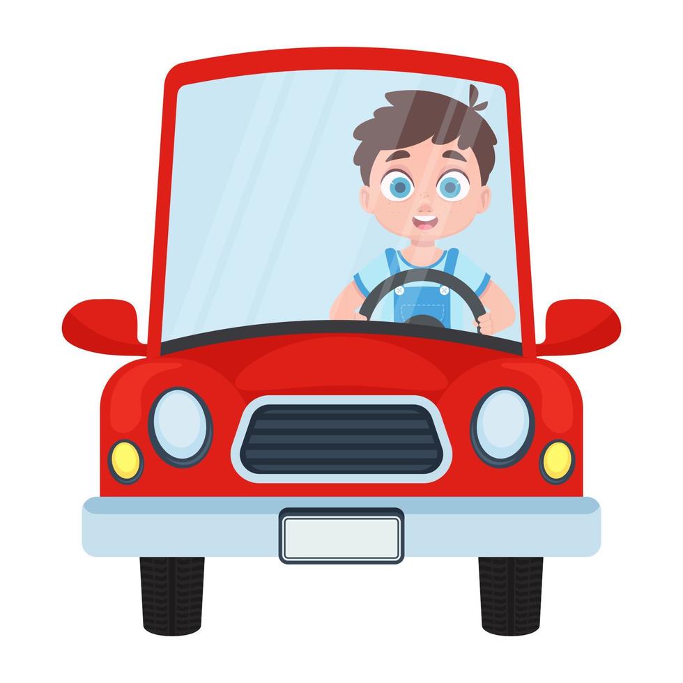 linda niño conducción un rojo coche. vector ilustración