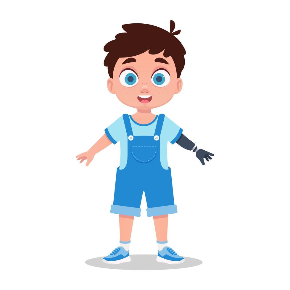 Child with prosthetic hand, vector illustration