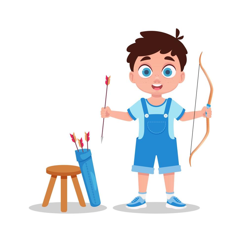 Cute boy shoots a bow, vector illustration
