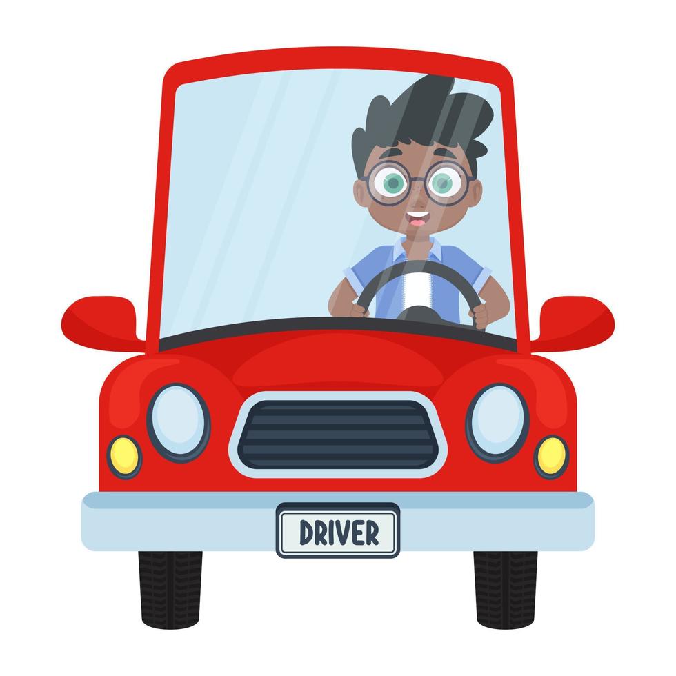 Cute child driving a red car vector